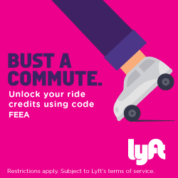 a hot pink background with a partial leg ending in a car instead of a shoe and text encouraging sign up for lyft