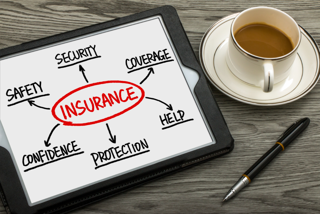 A tablet has the word insurance with arrows points to words like, security, coverage, help, confidence, protection, and safety. It's important to consider the various types of insurance to protect you and your loved ones.