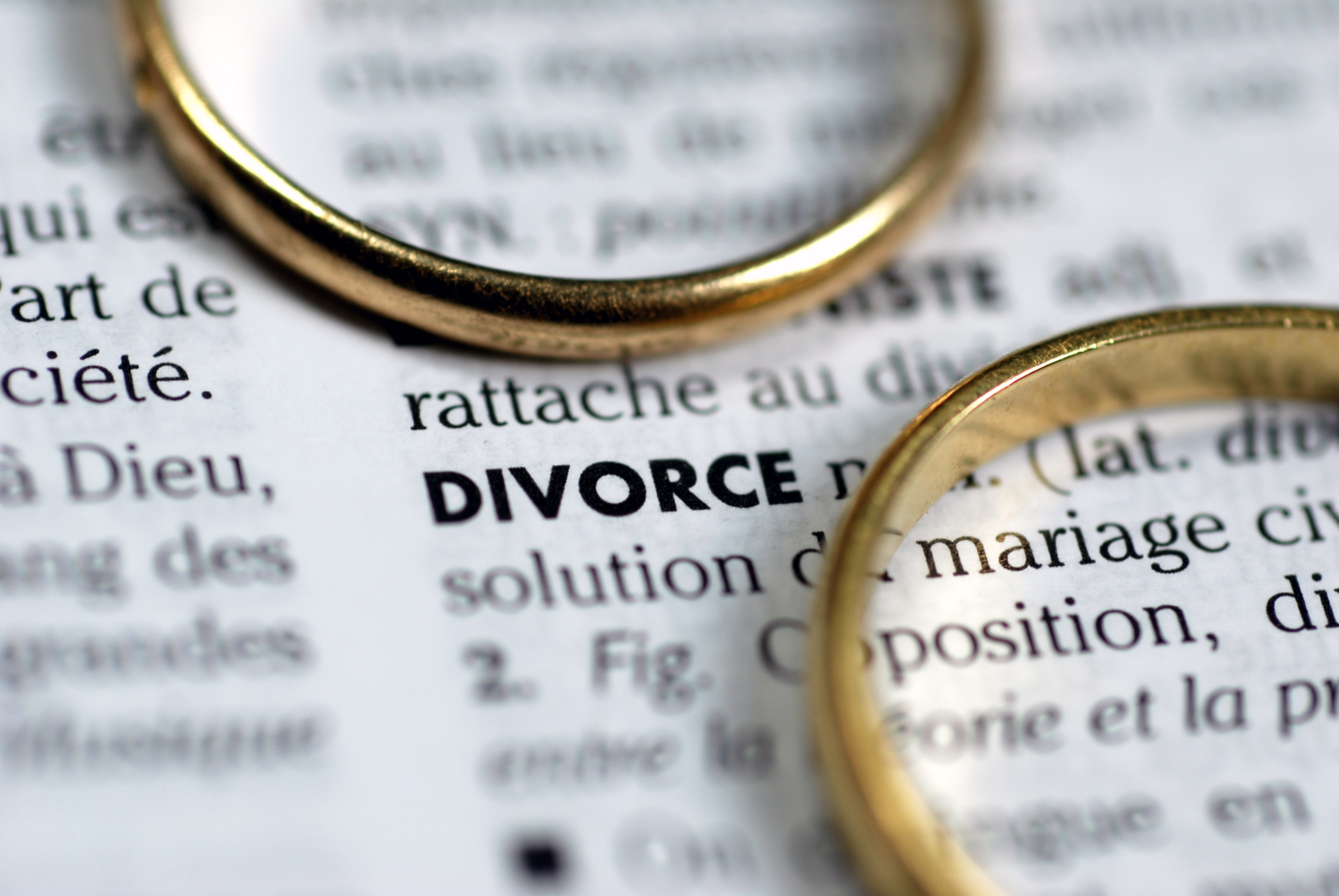 two gold wedding rings laying on a dictionary page with the definition of divorce