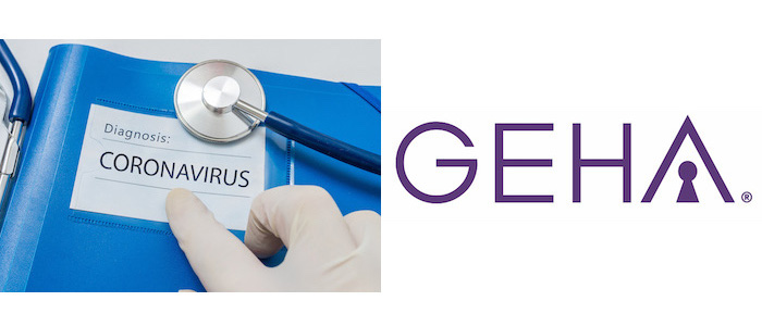 the GEBA logo next to a folder labeled Coronavirus with a stethoscope and gloved hand pointing at it