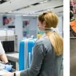 A TSA agent working at an airport and a shopping cart full of food in a warehouse store