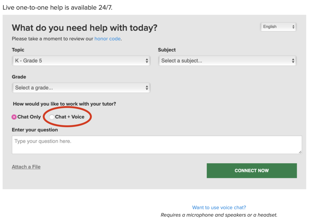 a screenshot of the Tutor.com screen used to start a session, with the chat plus voice option highlighted
