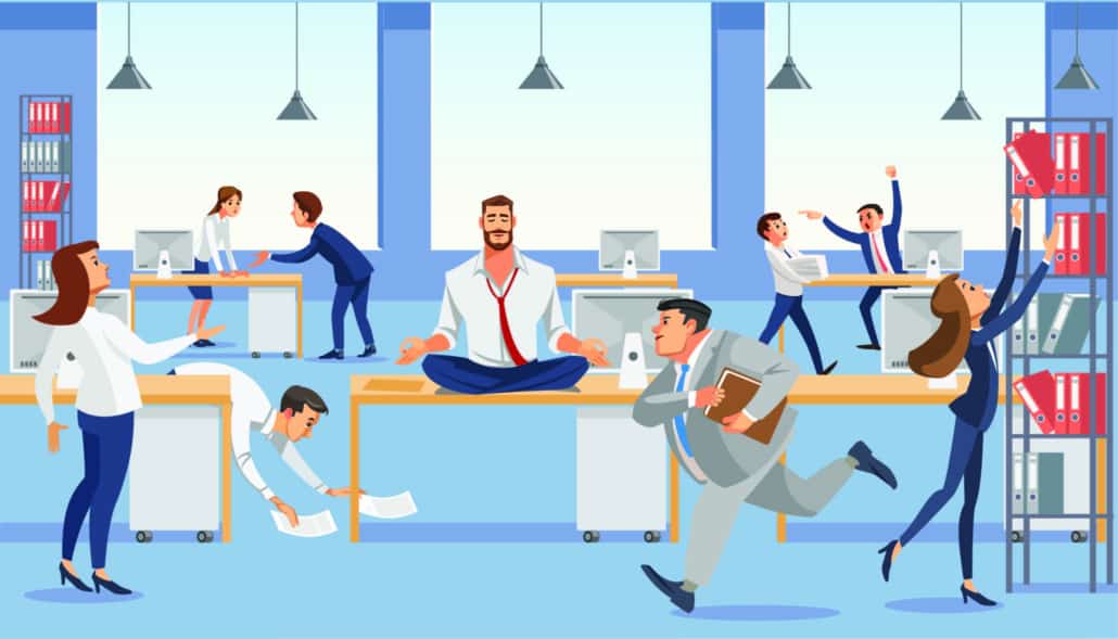 A cartoon drawing of a chaotic office scene with multiple people running around an office. A man in the center of the photo sits on top of a desk in a zen-like position.