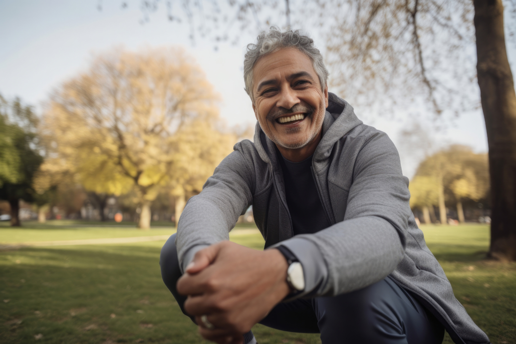 A man smiles for the camera as he works on his mobility. Research shows that adding stretches to the start of your day can reduce future back pain, injuries, and mobility issues.