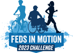 a silhouette image in shades of blue depicting someone riding a bicycle, rolling in a wheelchair, and running. At the bottom it says Feds In Motion 2023 Challenge