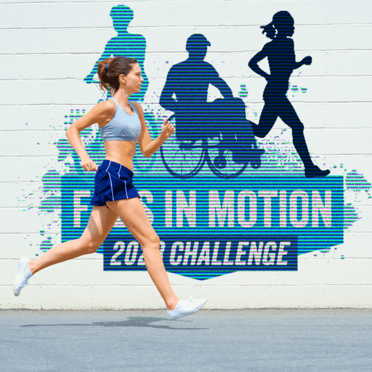 A woman runs in front of a Feds in Motion Challenge banner