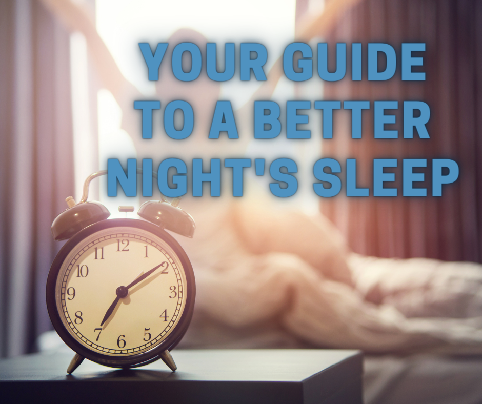 An alarm clock is at the front of the picture with a person stretching in the background as they wake up. The article title "Your Guide to a Better Night's Sleep."
