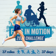 A woman runs in front of a brick wall with the 2023 Feds in Motion logo along wit the words 37 miles, 37 days, and icons for the following movements: walk, run, bike, swim, and roll.
