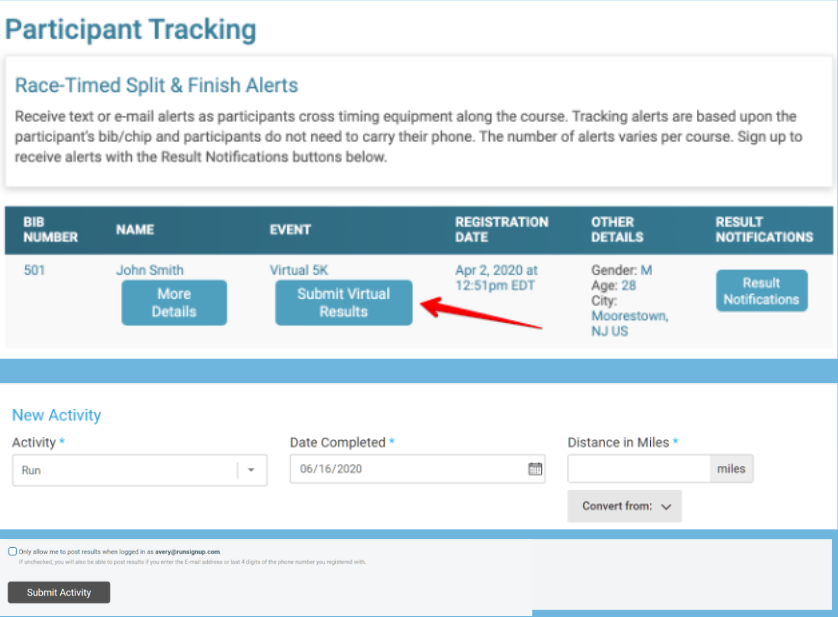 A screenshot of the Feds in Motion webiste. This step participants can select the "Submit Virtual Results" button, which will bring them to a page where they can select their activity, date completed, and distance in miles.