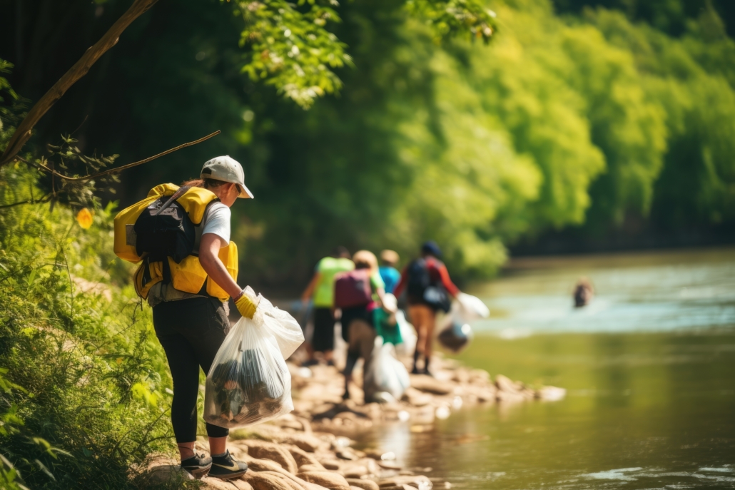 A group of volunteer cleanup along a creek.