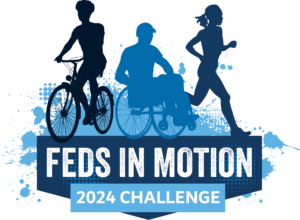The Feds in Motion logo with a silhouette or a person on a bike, in a wheelchair, and a woman running along with the Feds in Motion wording and 2024 Challenge.