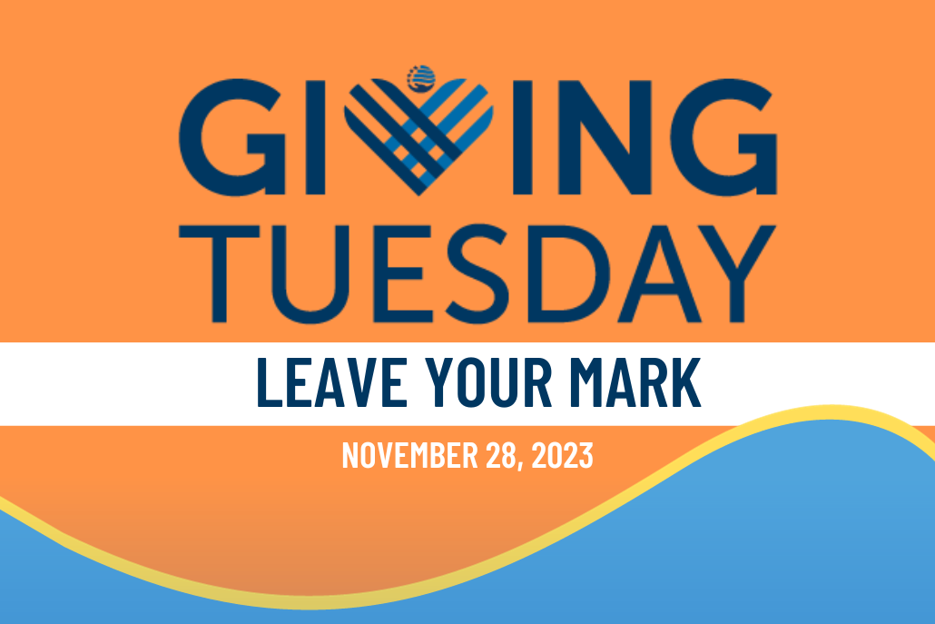 #GivingTuesday logo on an orange background with a blue wave with a yellow outline along with the words 