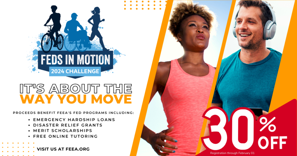 FEEA's Feds in Motion advertisement with Challenge logo and two individuals running.