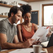 A couple using their laptop and going through finances at home while preparing a budget to include an emergency fund.
