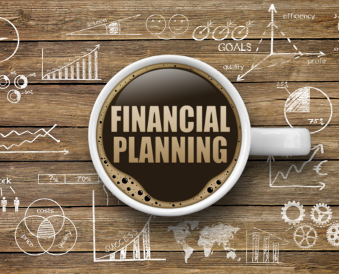 A graphic displays a coffee mug from above filled with coffee with the words "Financial Planning" in the coffee.