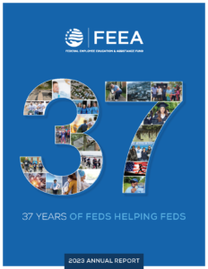 a blue background with a large number 37 made out of small photos representing FEEA's programs and accomplishments for 2023