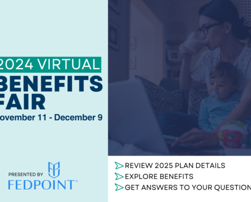 2024 Virtual Benefits Fair header with a woman holding her baby while watching a webinar on her computer.