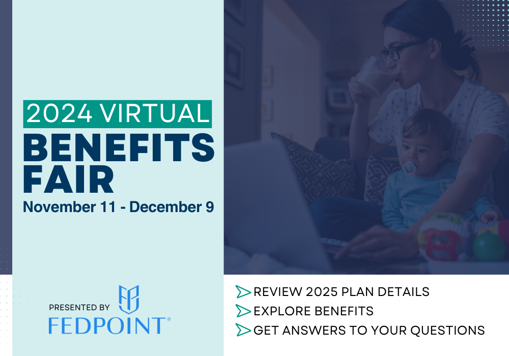 2024 Virtual Benefits Fair header with a woman holding her baby while watching a webinar on her computer.