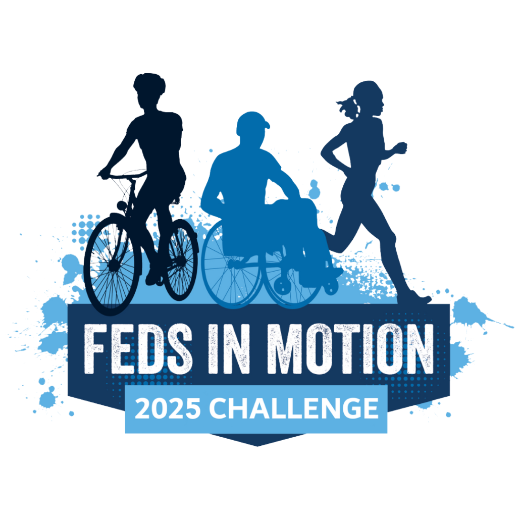 FEEE's Feds in Motion Challenge logo featuring varying blue silhouette's or a cyclist, individual in a wheelchair, and a runner.